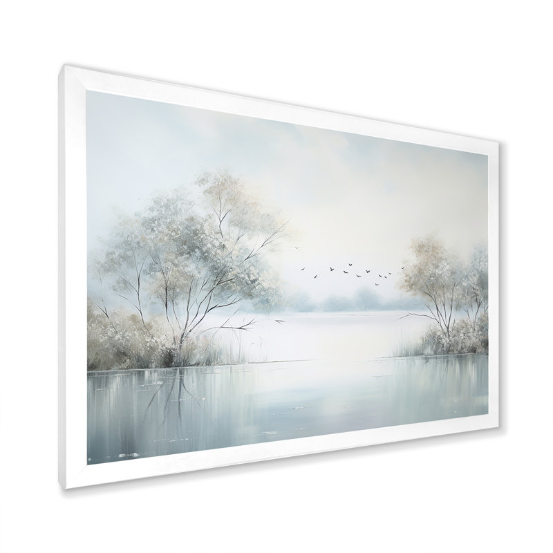 «Lakeside Winter Serenity - Lakes & Rivers», art mural sur toile, H 24 po x l 32 po x P 1 po, Cadre simple blanc