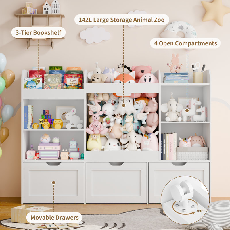  41.3''H Toys Storage Organizer with Kids Bookcases, Stuffed Animal Storage, 3 Movable Drawers, 4 Cube Storage Cabinet and 3-tier Bookshelf for Playrooms, Bedroom, White