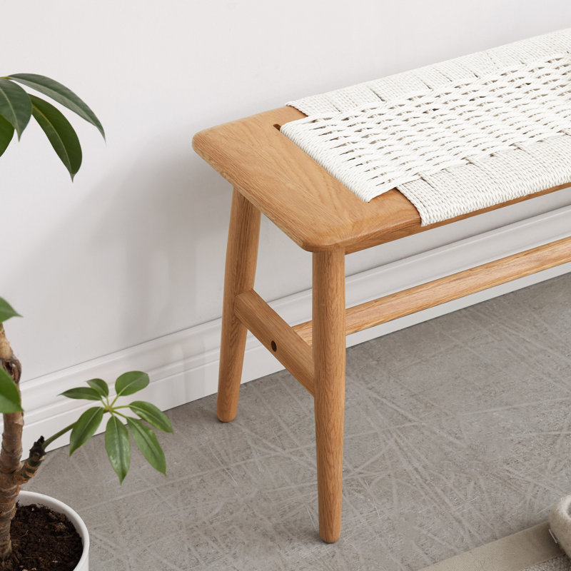 Ersela Rustic Farmhouse Wooden Bench with Rattan Accents, White, 15.98" H x 31.5" W x 11.82" D