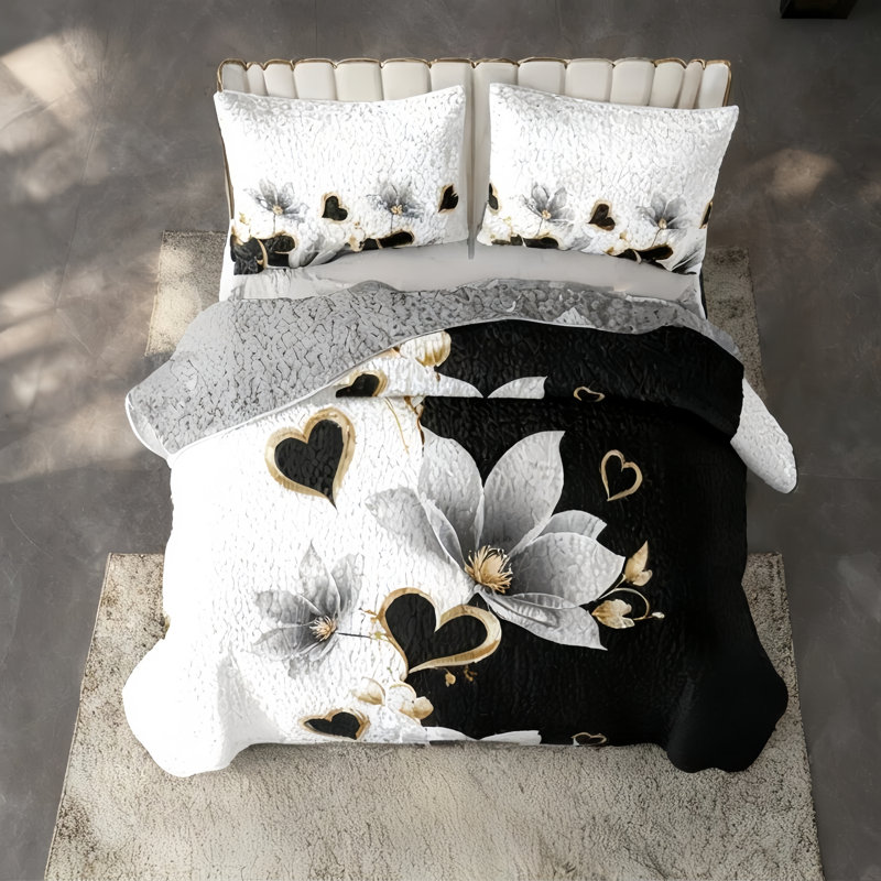 Ensemble de literie pour grand lit 4 pièces à motif floral bleu marine (grand / très grand / très grand californien) - courtepointe en microfibre matelassée + taies décoratives + drap-housse