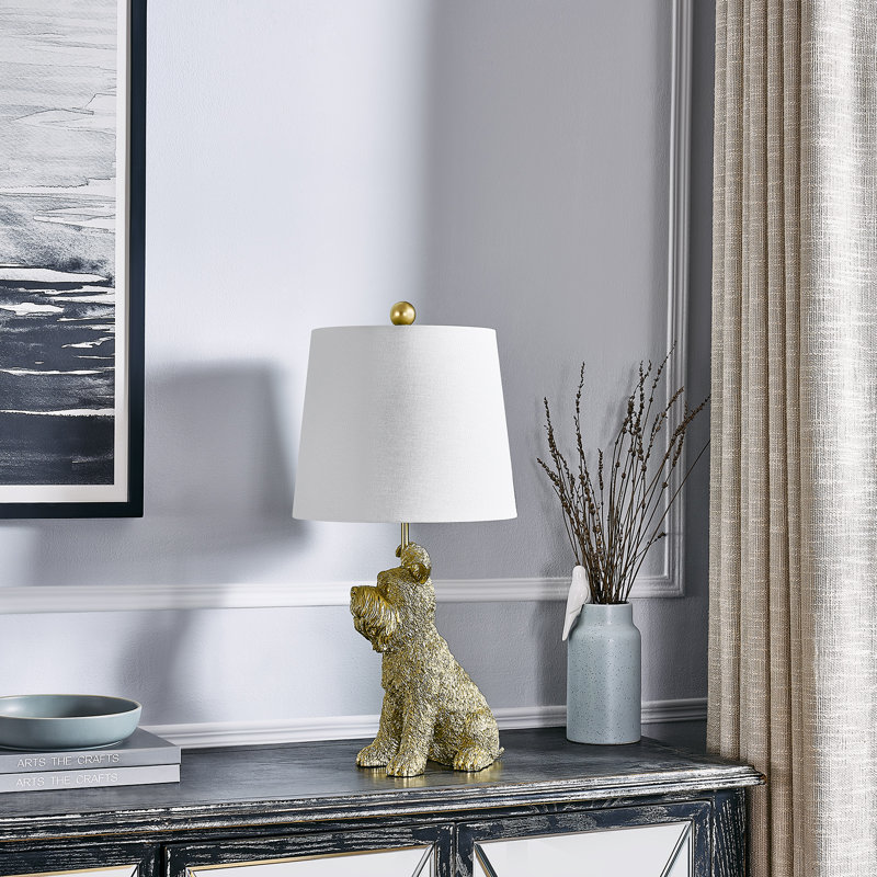 Lampe de table en résine dorée 23,5 "avec abat-jour Schnauzer, Doré, Blanc