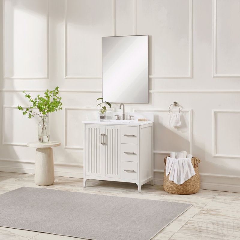 Meuble-lavabo de salle de bain en bois massif préassemblé de 91 cm (36 po) avec Us Power – Blanc