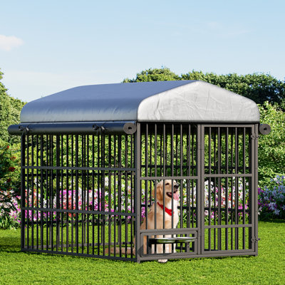 Outdoor Dog Kennel with Cover, Dog Kennel Outside with Waterproof Roof and Rotating Feeding Bowls