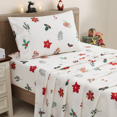 Printed Holiday 3Pc Sheet Sets, Easy Care, Soft & Wrinkle-Resistant Holiday Bedding - Poinsettia, Twin