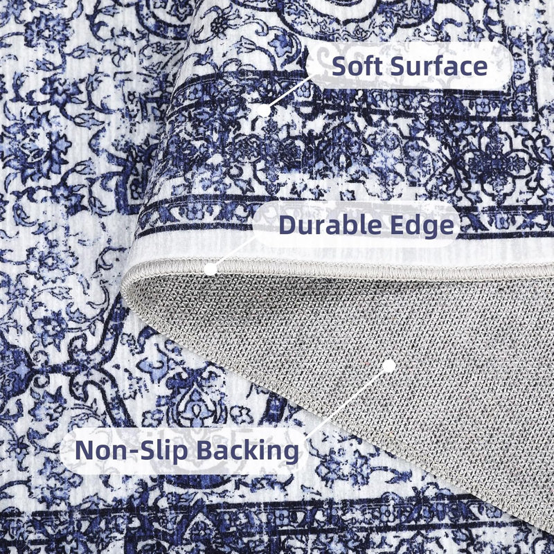 Washable Runner Rug Vintage Hallway Retro Accent Floral Print Distressed Non-Slip Low Pile Kitchen Laundry Bathroom Bedroom Blue