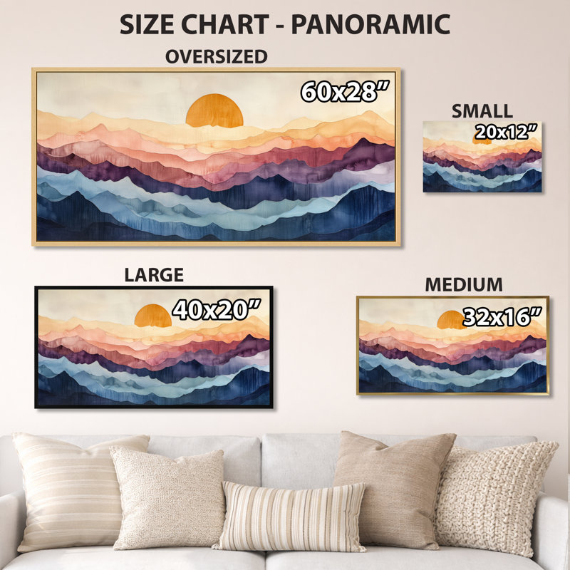 «Beige Blue Abstract Sunset Peaks», reproduction sur toile encadrée moderne, art mural grand nature, H 24 po x l 32 po