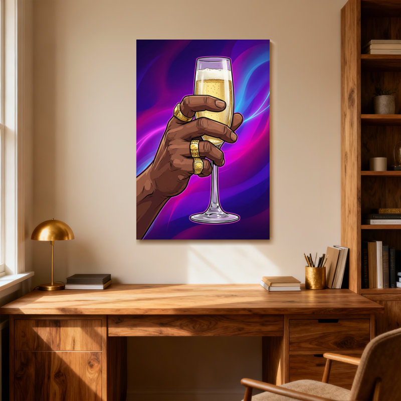 Main tendance tenant un verre de champagne avec des anneaux, H 36 po x l 24 po