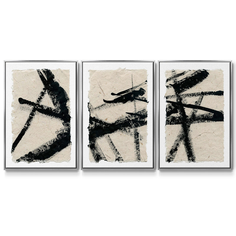 «Lines Crossed I», ensemble de 3 toiles encadrées, Argent, H 40 po x l 78 po