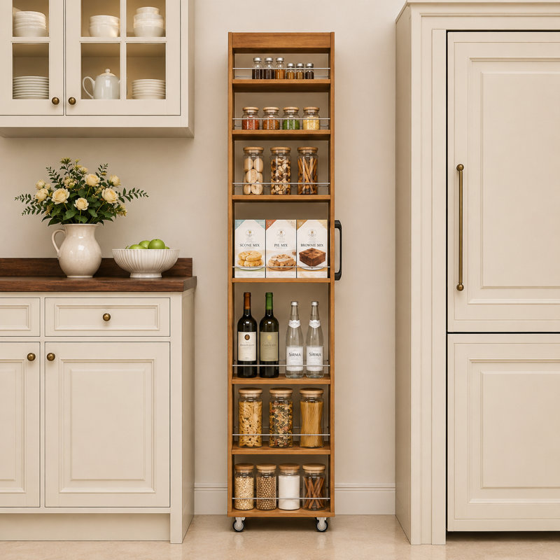 Étagère mobile à 7 niveaux, finition chêne, idéale pour optimiser les espaces étroits dans la cuisine ou la buanderie., Oak