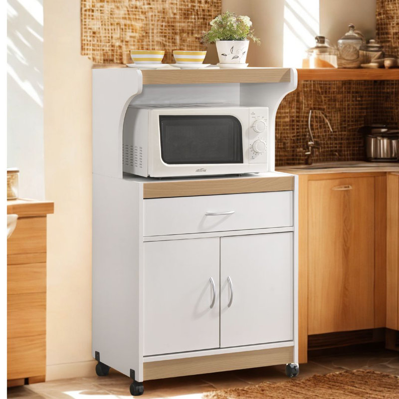 Rolling Kitchen Cart with  Microwave Shelf, Utensil Drawer, Interior Cabinet Storage Space and Locking Wheels, White