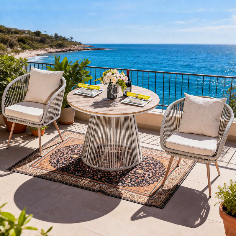Ensemble repas de patio pour 2 personnes avec table ronde Cassily, coussins inclus, 2