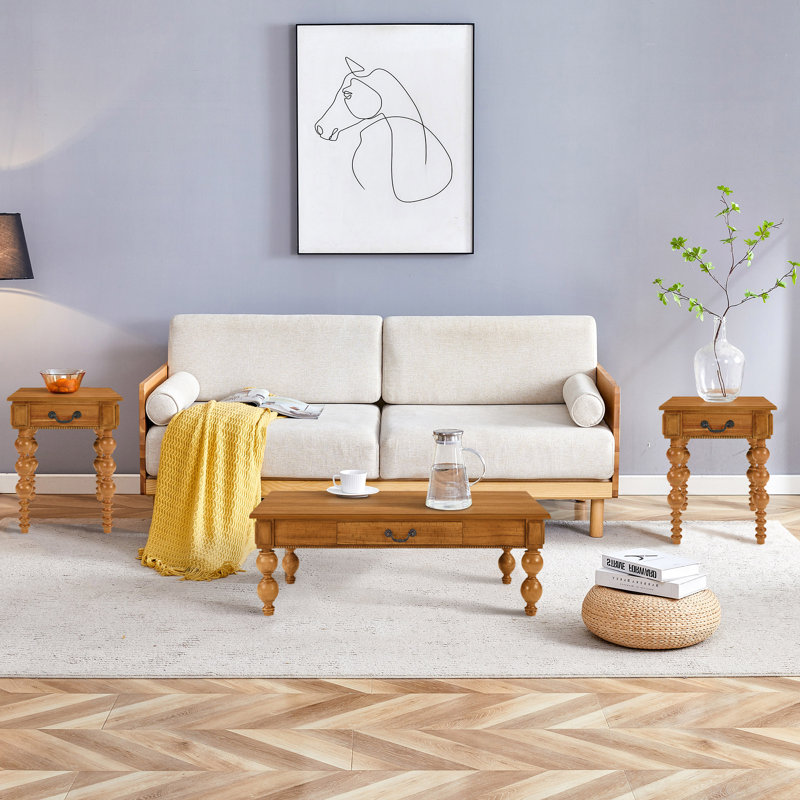 Ensemble de tables basses 3 pièces en bois massif rétro avec tiroir de rangement, Naturel