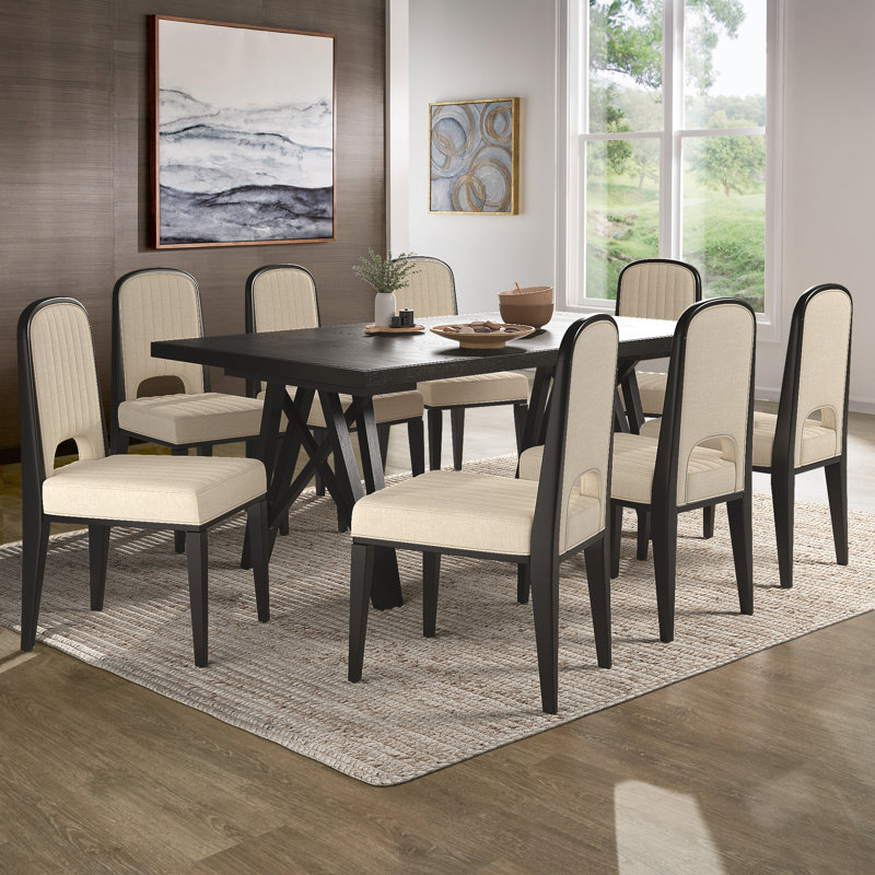 Brogdon Wood Finish 72"-90" Extendable Dining Set, Dining Table With Leaf And Cream Fabric Chairs, 9 Pieces: Table, 8 Chairs