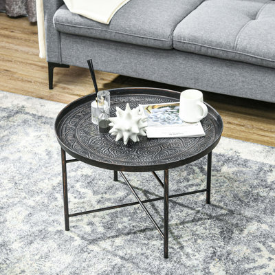 Table basse ronde 24 po avec plateau martelé, table centrale rétro en métal