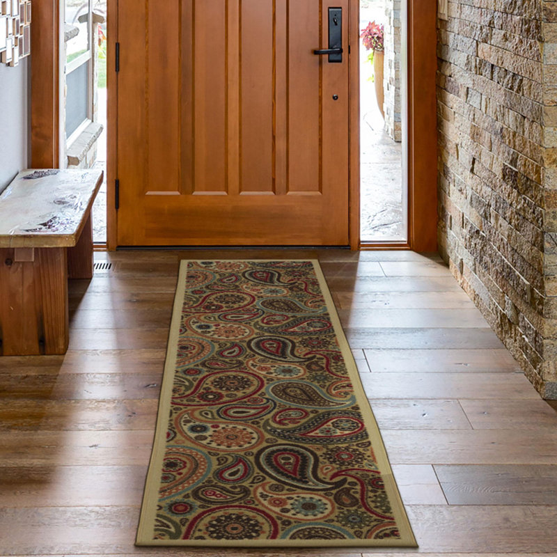 Beige and Red Synthetic Paisley Non-Slip Runner Rug
