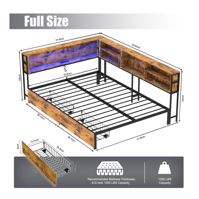 Structure de lit d'angle avec bibliothèque de rangement, lit de jour complet avec tiroirs de rangement en dessous, unité de lit pour enfants avec station de charge et lumière DEL