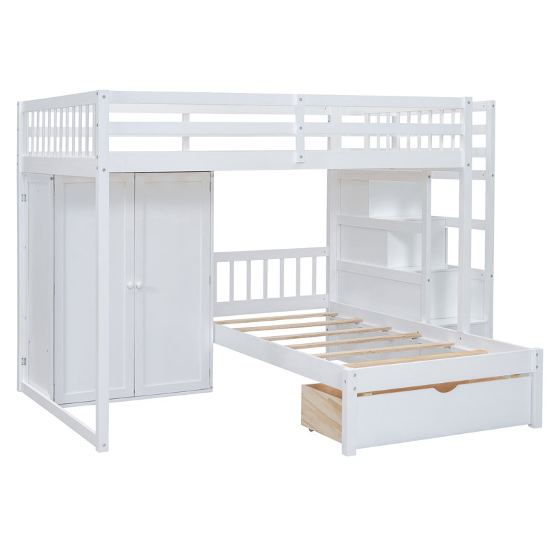 Lit superposé double au-dessus de simple avec garde-robe et tiroirs intégrés - Lit pour enfant peu encombrant, blanc