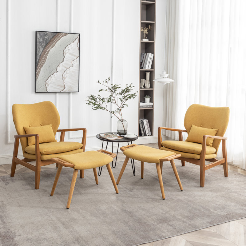 Koutsky Upholstered Accent Chair with Ottoman, Blue Linen Blend