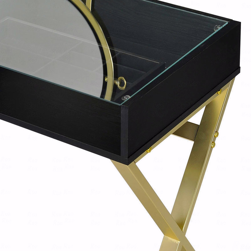 Coleen Black & Gold Finish Vanity Desk (Makeup Vanity) W/Mirror & Jewelry Tray, Black