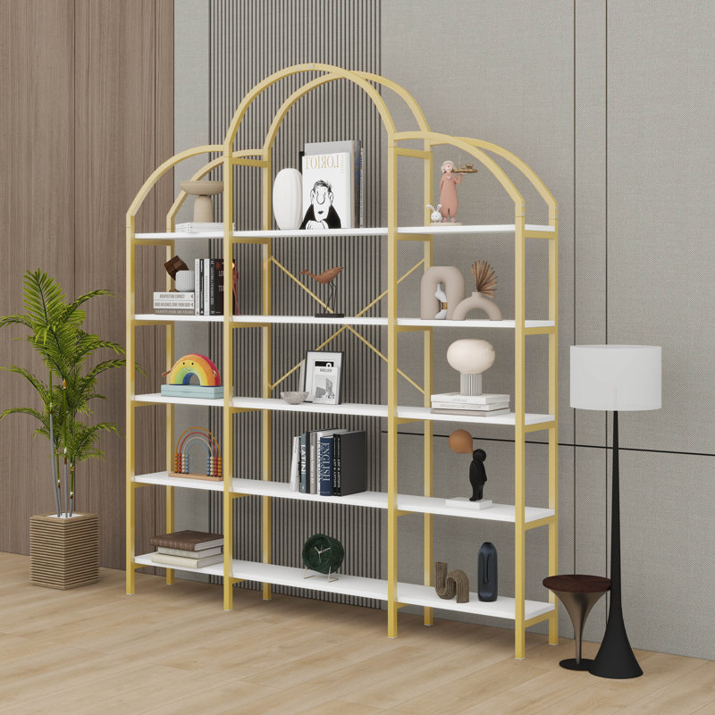 Modern Display Shelf Curved Top 5-Tier Bookshelf Open Storage Organizer X-Bar Frame Spacious Bookcase