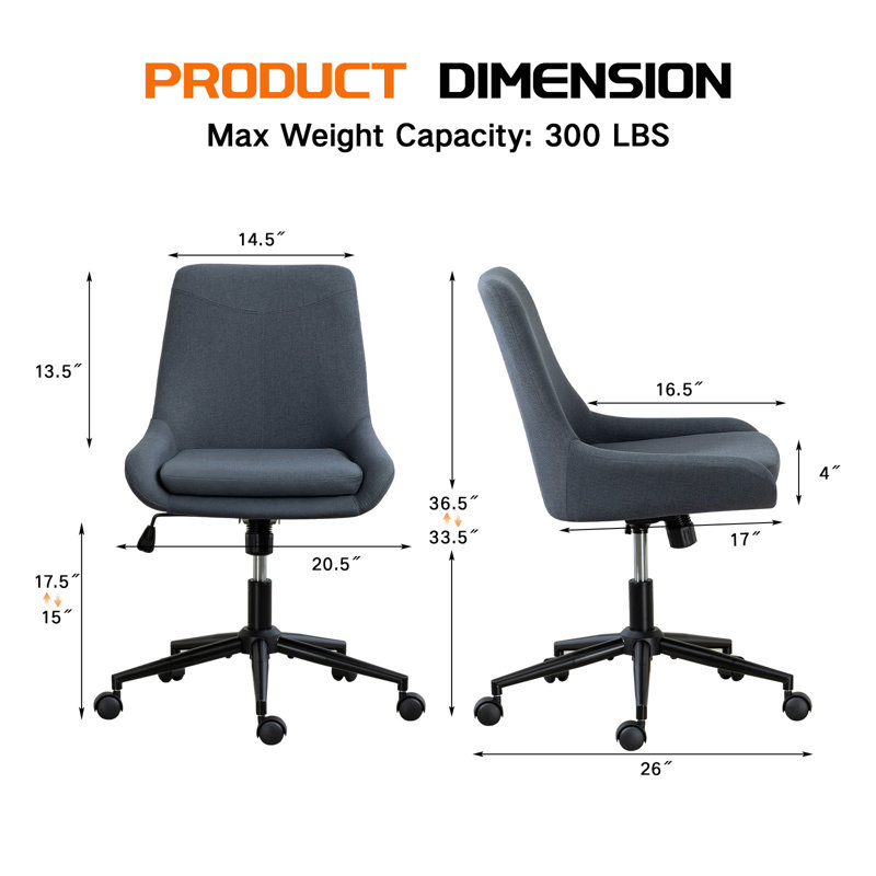 Linen Armless Swivel Task Chair with Tilting Rock and Adjustable Seat Height , Dark Gray,  Dark Gary Linen