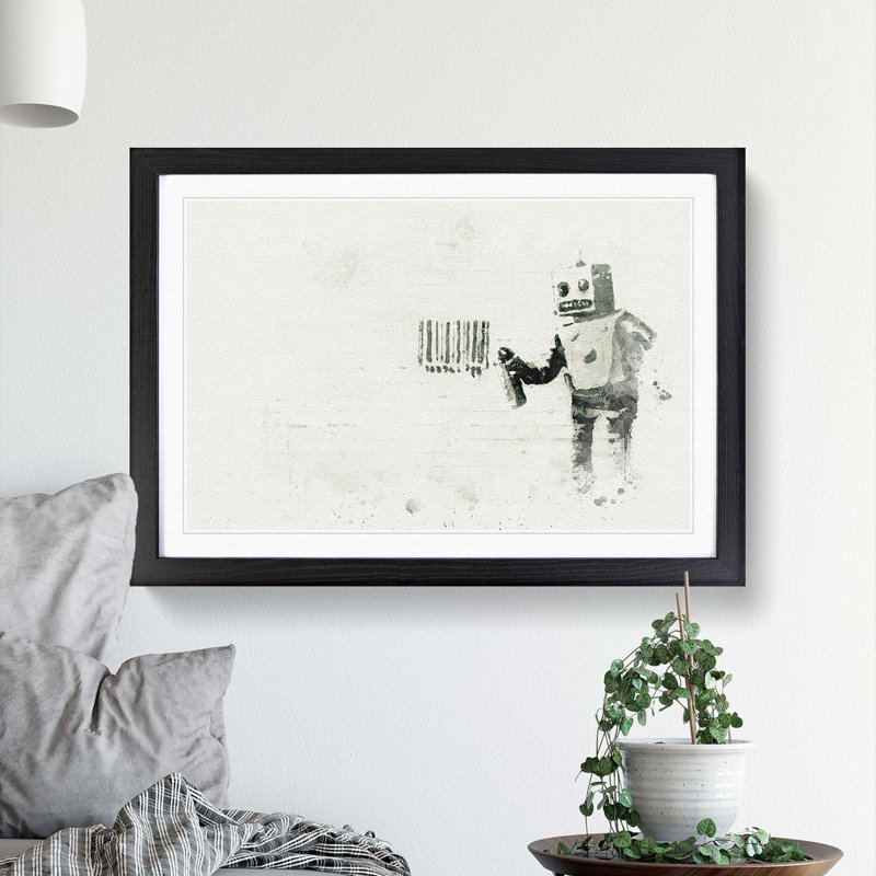 Robot Barcode by Banksy - Picture Frame Graphic Art Print, 35cm H x 50cm W x 2cm D, Black
