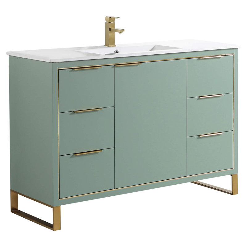48" Single Bathroom Vanity Set, Satin Brass, Mint Green