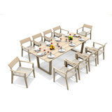 10 Seats 11 Pcs Grade-A Weathered Teak Wood Dining Set: 98" Sema Rectangle Table  And 10 Amilo Stacking Arm Chairs #11AM3310