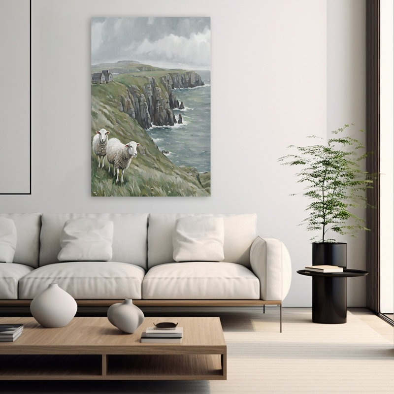 Coastal Sheep - Art contemporain paysage coucher de soleil, H 40 po x l 60 po