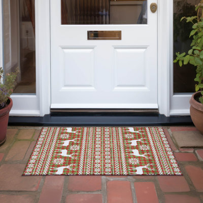 Machine Washable Indoor/Outdoor Christmas Reindeers Xhevrie Fern Rug