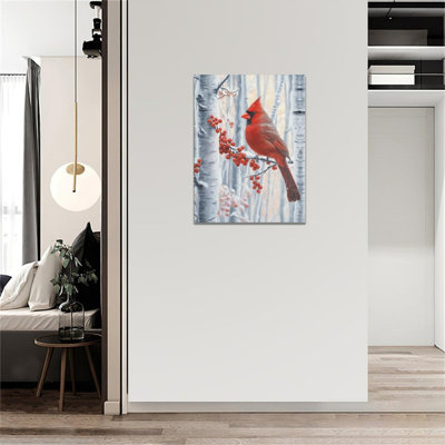 Red Birds On Branch With Berries Unframed Canvas Wall Art  24" X 32"