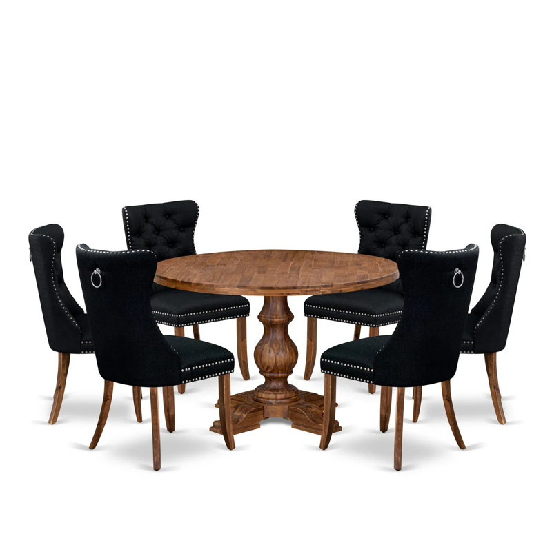 L'ensemble de table à manger moderne 7 pièces se compose d'une table de cuisine et de 6 chaises de salle à manger en tissu de polyester gris platine avec dossier capitonné - Finition noyer antique