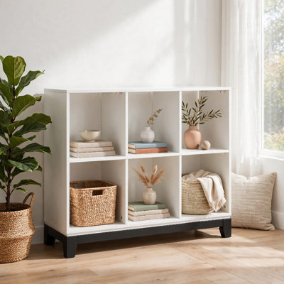 Gare Bookcase,  6 Cubby Shelves, White Wood Frame, Black Base 40 Inch