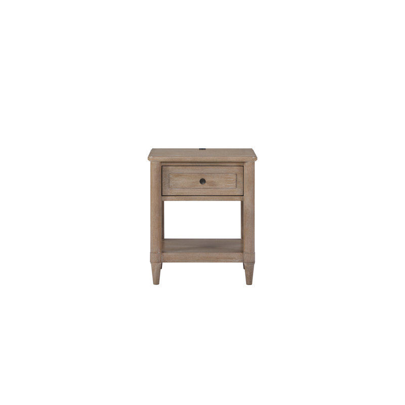 Table de chevet en placage de couleur sable, ports de chargement pour appareils, solution de rangement pour tiroir et tablette, petite profondeur de 22 avec finition, au dos, articles personnels, espace ouvert, profond