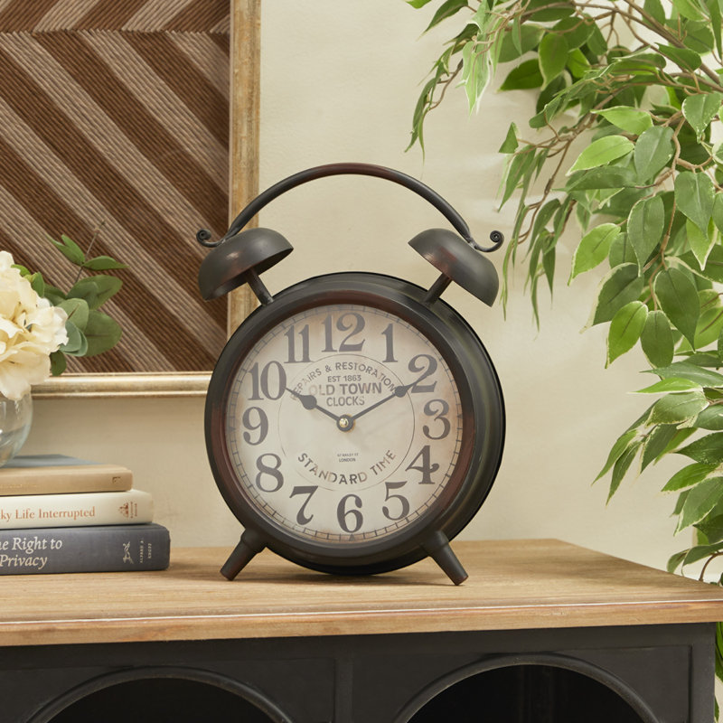 Metal Decorative Clock with Bell Style Top, Antique Black, 13" H x 10" W x 4" D