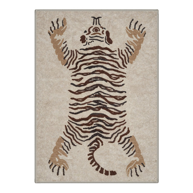Tiger Animal Print Machine Washable Beige / Brown Indoor Area Rug with Non-Slip Backing, Rectangle 8' x 10'
