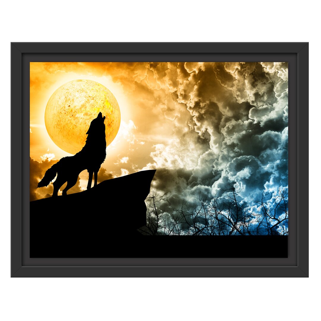 Gerahmtes Wandbild Wolf heult den Mond an