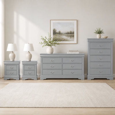 Ensemble de meubles de rangement de chambre à coucher 4 pièces 4 pièces, comprenant 2 tables de chevet, 1 commode et 1 commode, fabrication en bois massif, tiroirs en queue d'aronde, 4 couleurs gris 