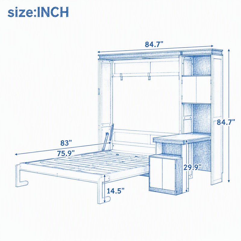 Lit escamotable avec bureau, tablettes et armoires de rangement, Double