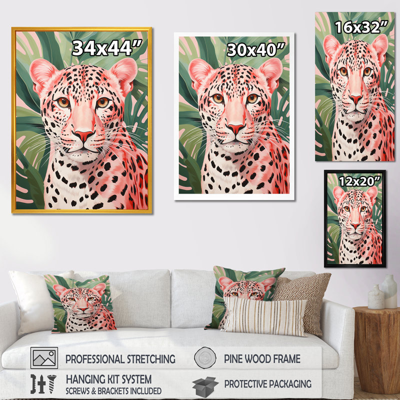 Vert et rose léopard, élégance tropicale V - impressions sur toile léopard, H 44 po x l 34 po x P 1,5 po, Cadre simple noir