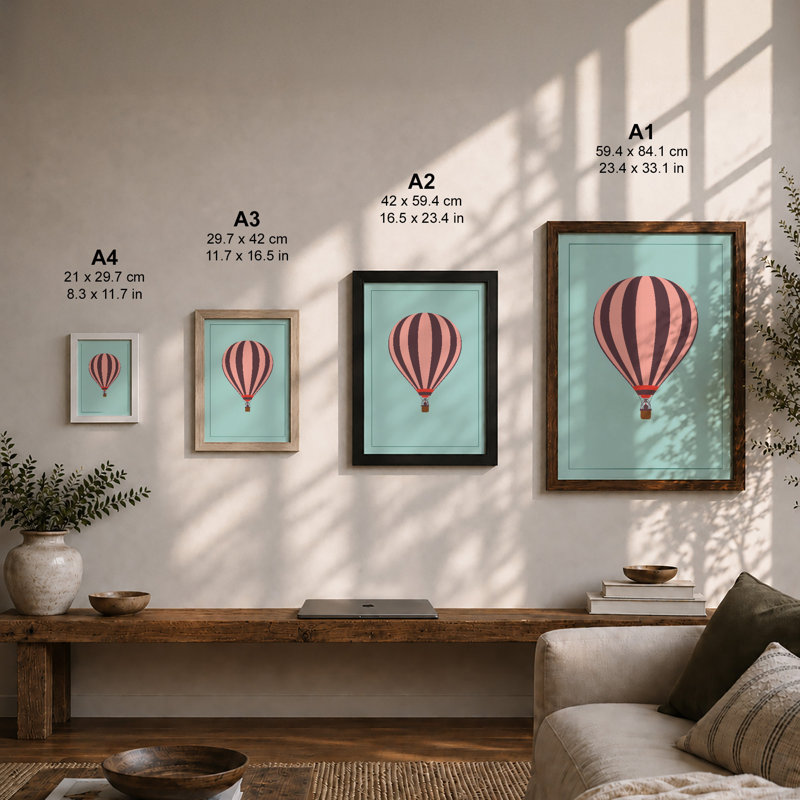 Hot Air Balloon Dream Minimalist - Framed Print, A2 - 59.4 x 42.0 cm, Black