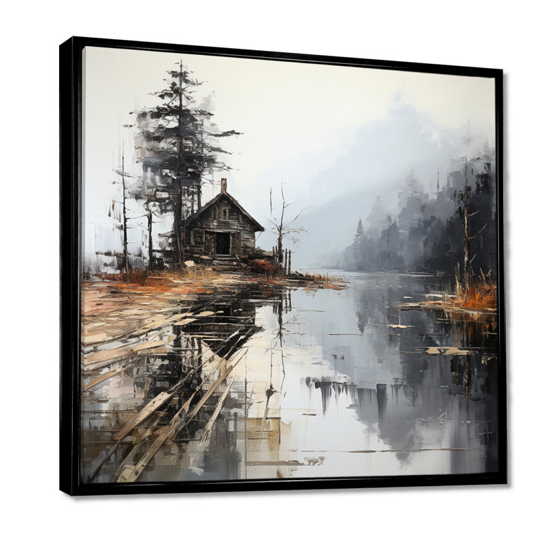 Art sur toile, «Moody Lakehouse Overcast I», 44" H x 44" W, Cadre flottant noir