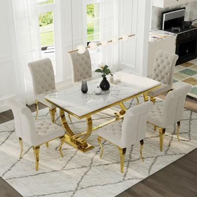 Luxury White And Gold Dining Table Set With White Velvet Dining Chairs