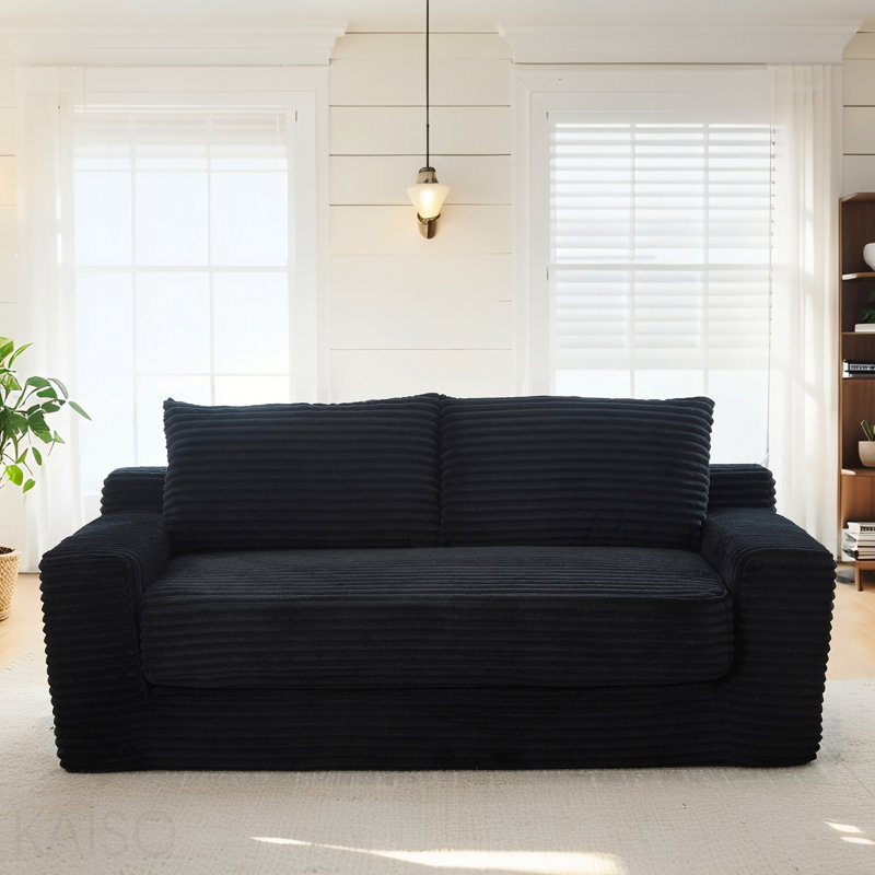 Canapé-causeuse avec mousse à mémoire de forme et structure en acier - sans assemblage, conception convertible 2-en-1, tissu en velours côtelé - canapé compact pour les petits espaces, les appartements, le bureau à domicile et la chambre à coucher (noir)