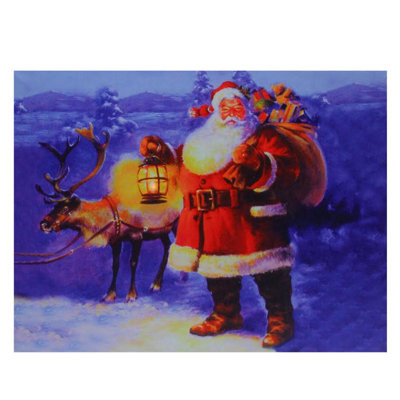 LED Lighted Santa Claus with Reindeer Christmas Canvas Wall Art 11.75" x 15.75"