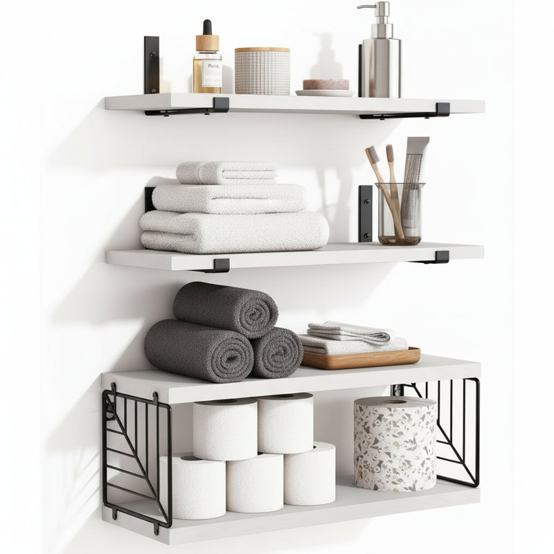 3+1 Tier Bathroom Floating Shelves Over Toilet, Farmhouse Wood Wall Shelves for Bathroom Living Room Bedroom Kitchen, White