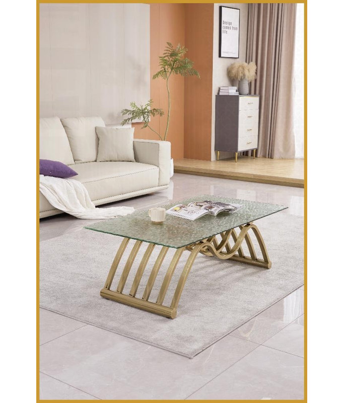 Table basse rectangulaire 47 po en acier inoxydable doré - plateau en verre trempé ondulé, tablette de rangement inférieure et facile à nettoyer