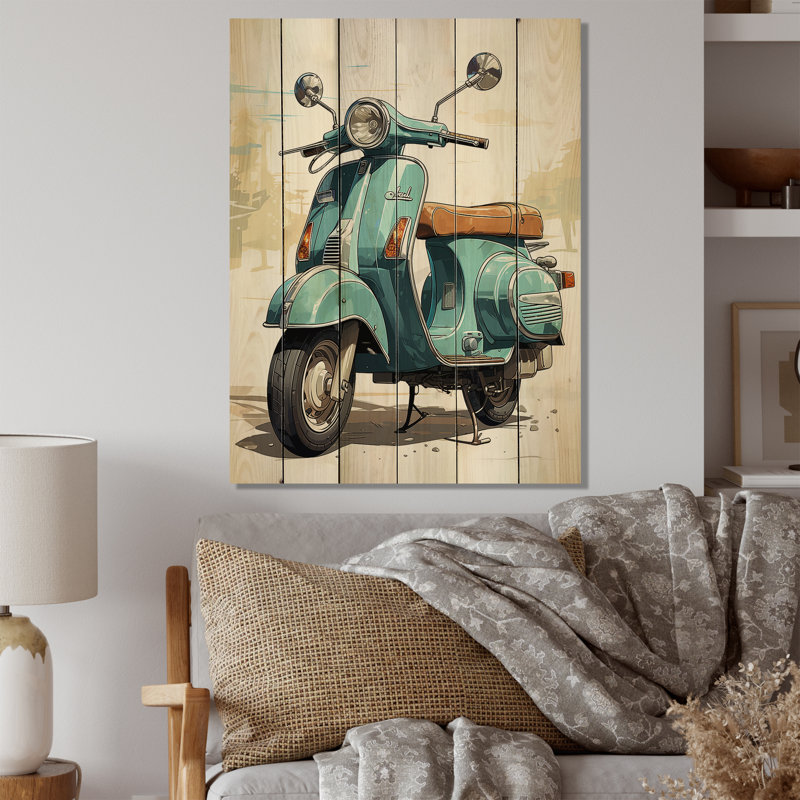 Scooter Retro Rider II - impression de scooter sur bois de pin naturel, H 40 po x l 30 po x P 0,78 po