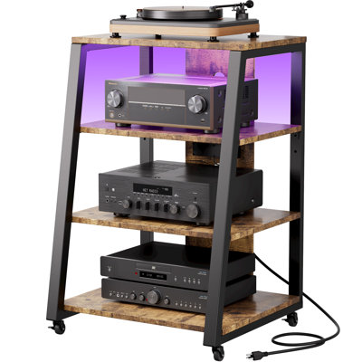 Meuble audio-vidéo à 4 niveaux avec prises de courant, supports stéréo avec lumières à DEL, roulettes et tablette de rangement réglable pour tourne-disque, console média roulante, meuble audio-vidéo, 35 po, noir