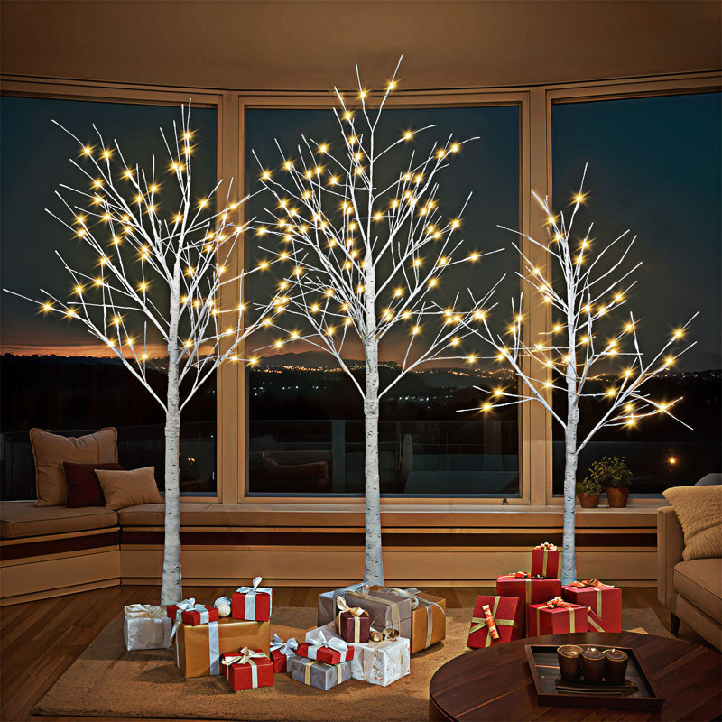 Set of Lighted Birch Tree 4FT 48 LED/5FT 72 LED/6FT 96 LED Artificial Tree with Warm  Lights